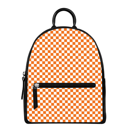 Orange And White Checkered Pattern Print Leather Backpack