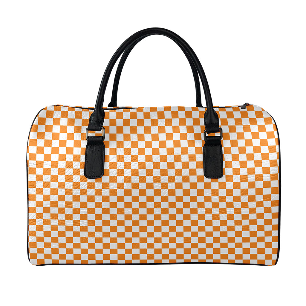 Orange And White Checkered Pattern Print Leather Duffle Bag