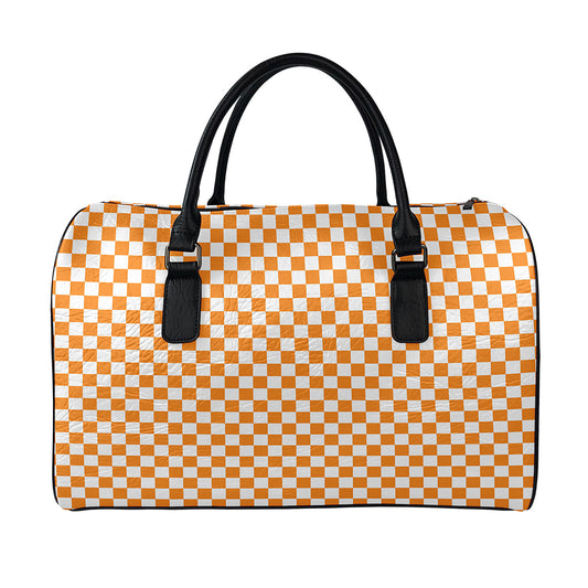 Orange And White Checkered Pattern Print Leather Duffle Bag