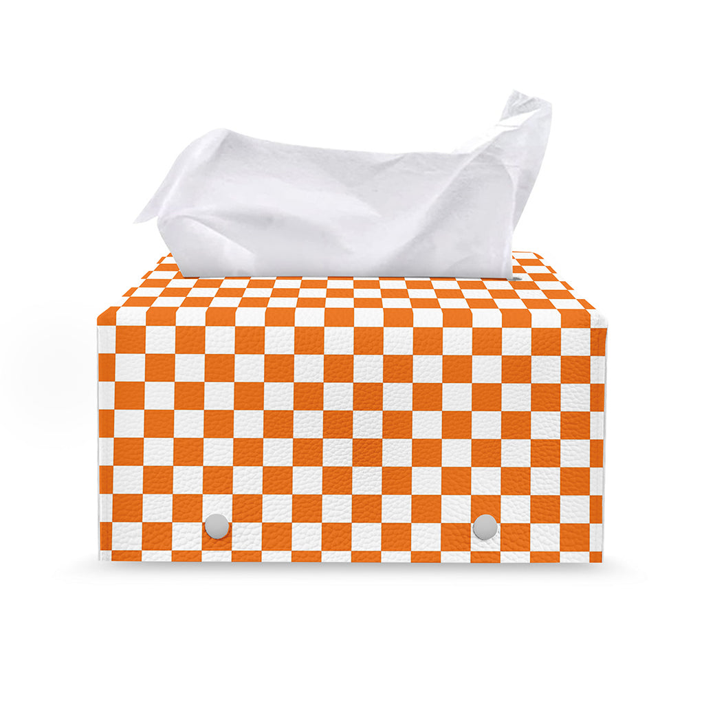 Orange And White Checkered Pattern Print Leather Tissue Box Cover