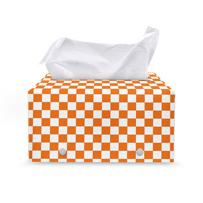 Orange And White Checkered Pattern Print Leather Tissue Box Cover
