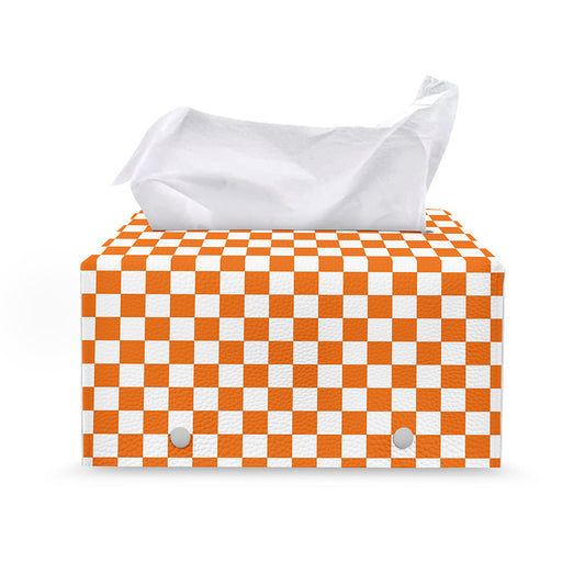Orange And White Checkered Pattern Print Leather Tissue Box Cover