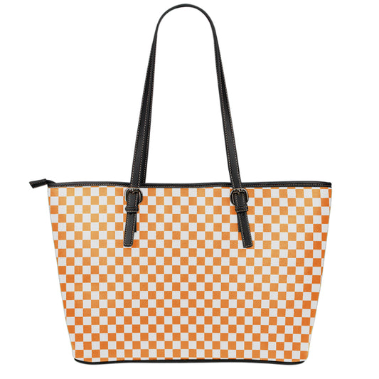 Orange And White Checkered Pattern Print Leather Tote Bag