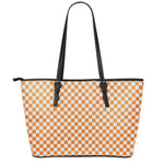 Orange And White Checkered Pattern Print Leather Tote Bag