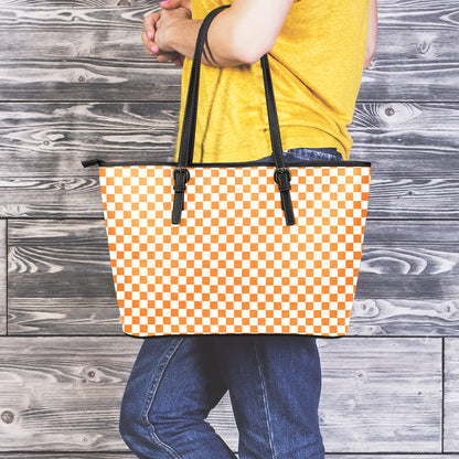 Orange And White Checkered Pattern Print Leather Tote Bag