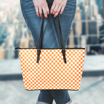 Orange And White Checkered Pattern Print Leather Tote Bag