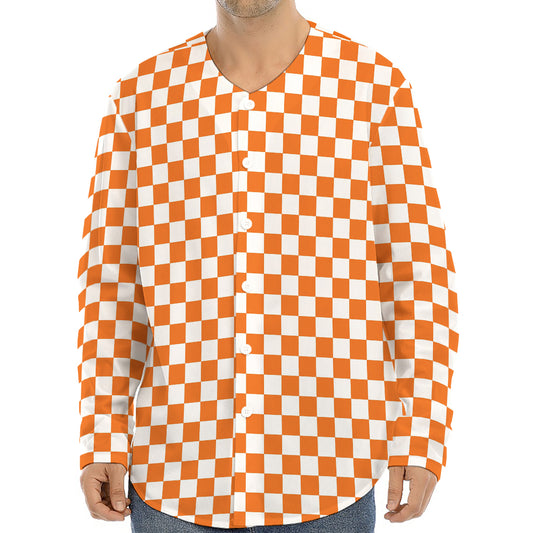 Orange And White Checkered Pattern Print Long Sleeve Baseball Jersey