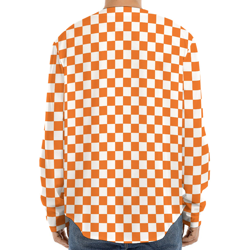 Orange And White Checkered Pattern Print Long Sleeve Baseball Jersey