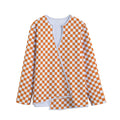 Orange And White Checkered Pattern Print Long Sleeve Short Coat