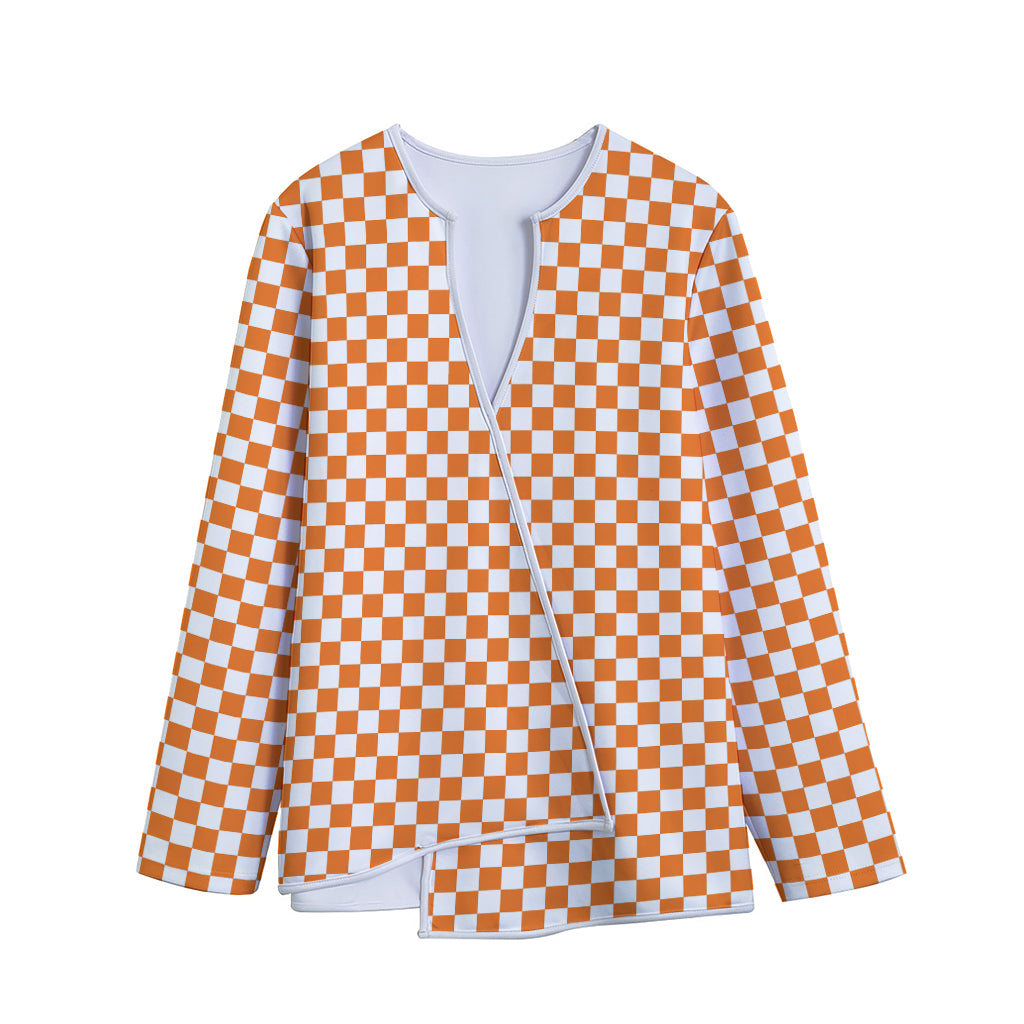 Orange And White Checkered Pattern Print Long Sleeve Short Coat