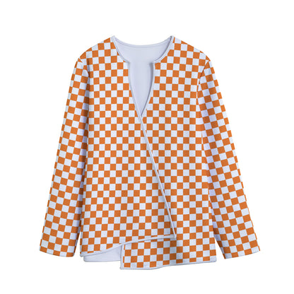 Orange And White Checkered Pattern Print Long Sleeve Short Coat