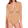 Orange And White Checkered Pattern Print Long Sleeve Swimsuit