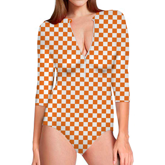 Orange And White Checkered Pattern Print Long Sleeve Swimsuit