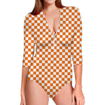 Orange And White Checkered Pattern Print Long Sleeve Swimsuit