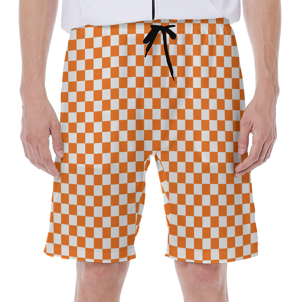 Orange And White Checkered Pattern Print Men's Beach Shorts