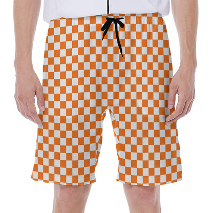 Orange And White Checkered Pattern Print Men's Beach Shorts