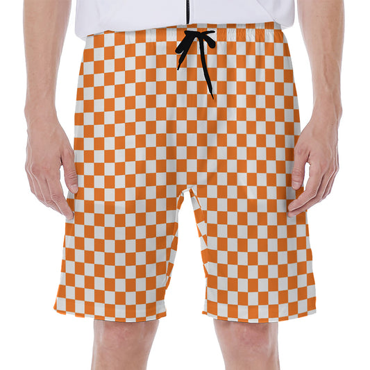 Orange And White Checkered Pattern Print Men's Beach Shorts
