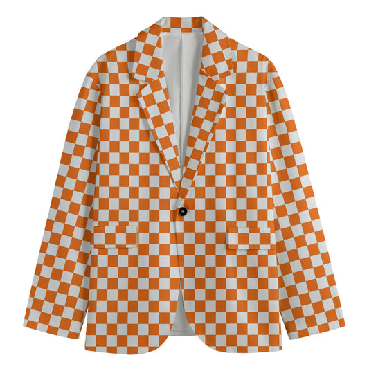Orange And White Checkered Pattern Print Men's Blazer
