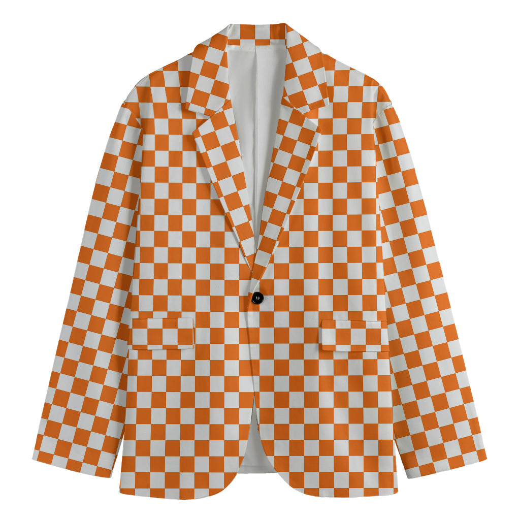 Orange And White Checkered Pattern Print Men's Cotton Blazer