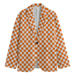 Orange And White Checkered Pattern Print Men's Cotton Blazer