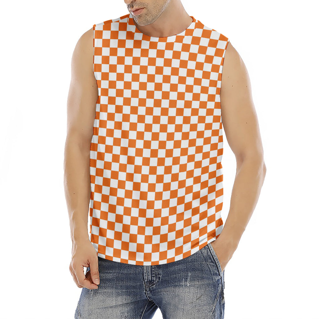 Orange And White Checkered Pattern Print Men's Fitness Tank Top