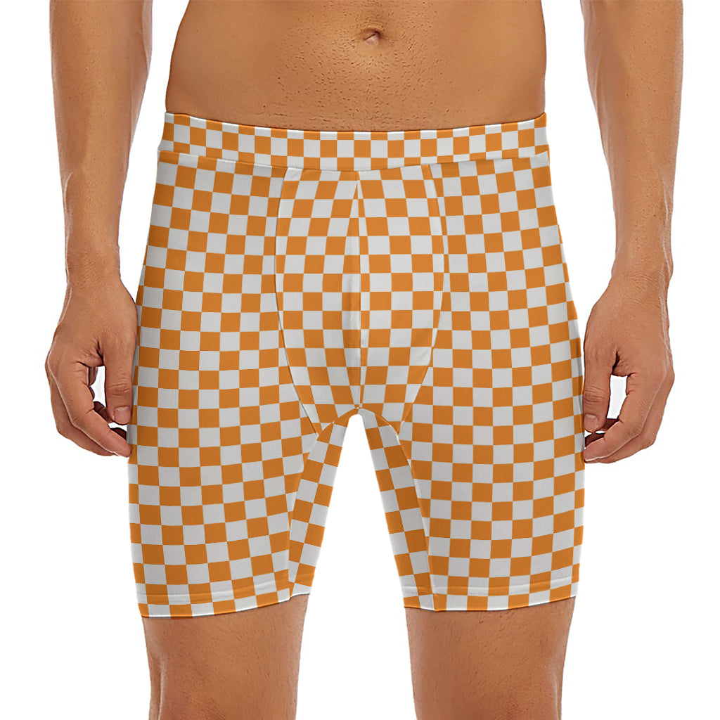 Orange And White Checkered Pattern Print Men's Long Boxer Briefs