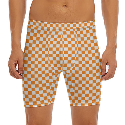 Orange And White Checkered Pattern Print Men's Long Boxer Briefs