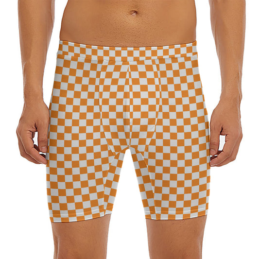 Orange And White Checkered Pattern Print Men's Long Boxer Briefs