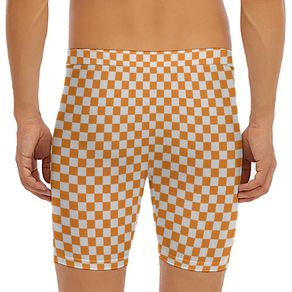 Orange And White Checkered Pattern Print Men's Long Boxer Briefs