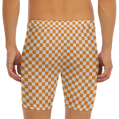 Orange And White Checkered Pattern Print Men's Long Boxer Briefs
