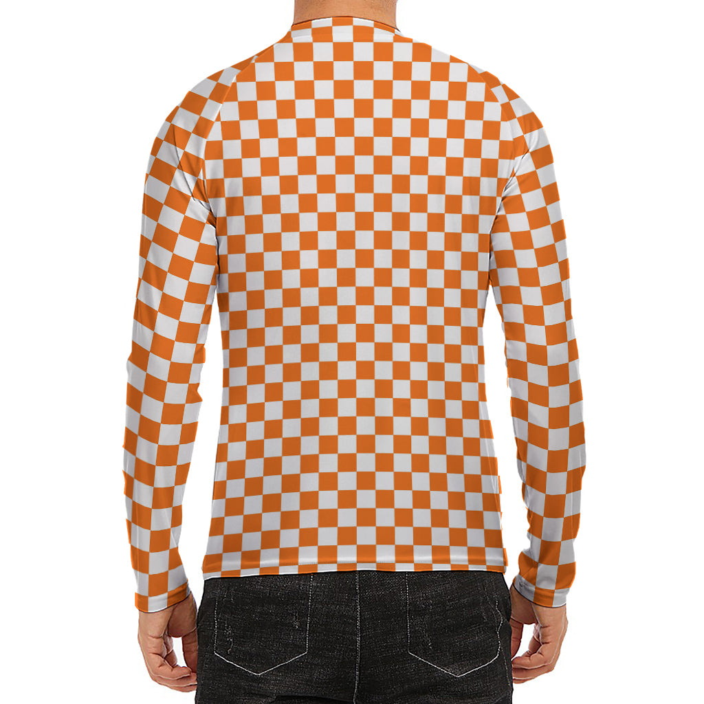 Orange And White Checkered Pattern Print Men's Long Sleeve Rash Guard