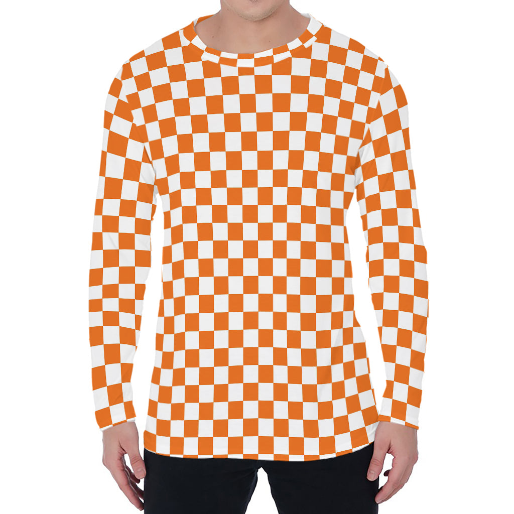 Orange And White Checkered Pattern Print Men's Long Sleeve T-Shirt