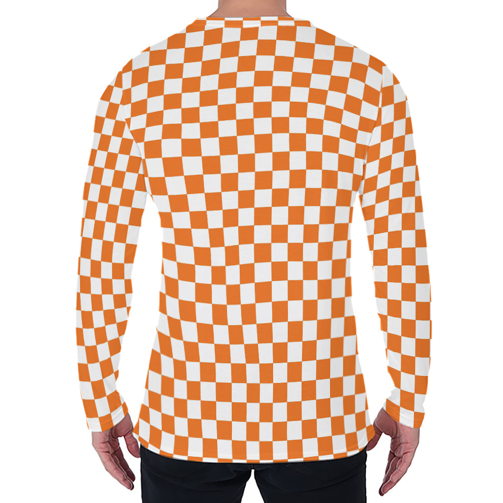 Orange And White Checkered Pattern Print Men's Long Sleeve T-Shirt
