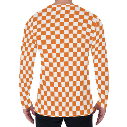 Orange And White Checkered Pattern Print Men's Long Sleeve T-Shirt