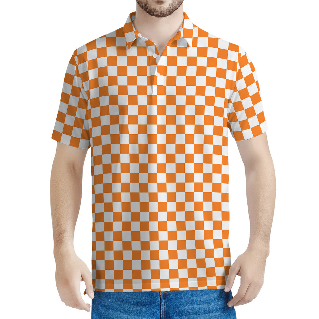 Orange And White Checkered Pattern Print Men's Polo Shirt