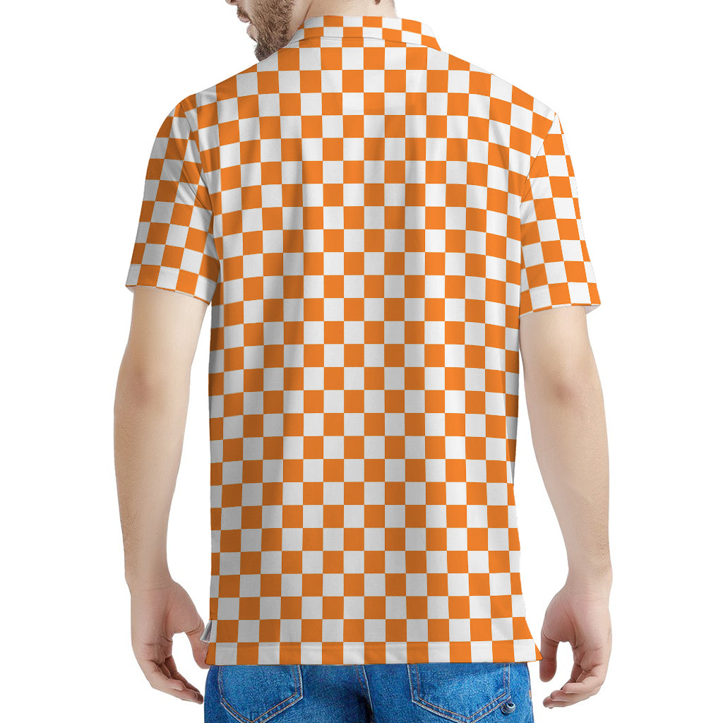 Orange And White Checkered Pattern Print Men's Polo Shirt