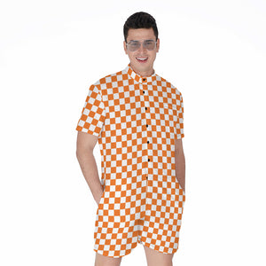 Orange And White Checkered Pattern Print Men's Rompers