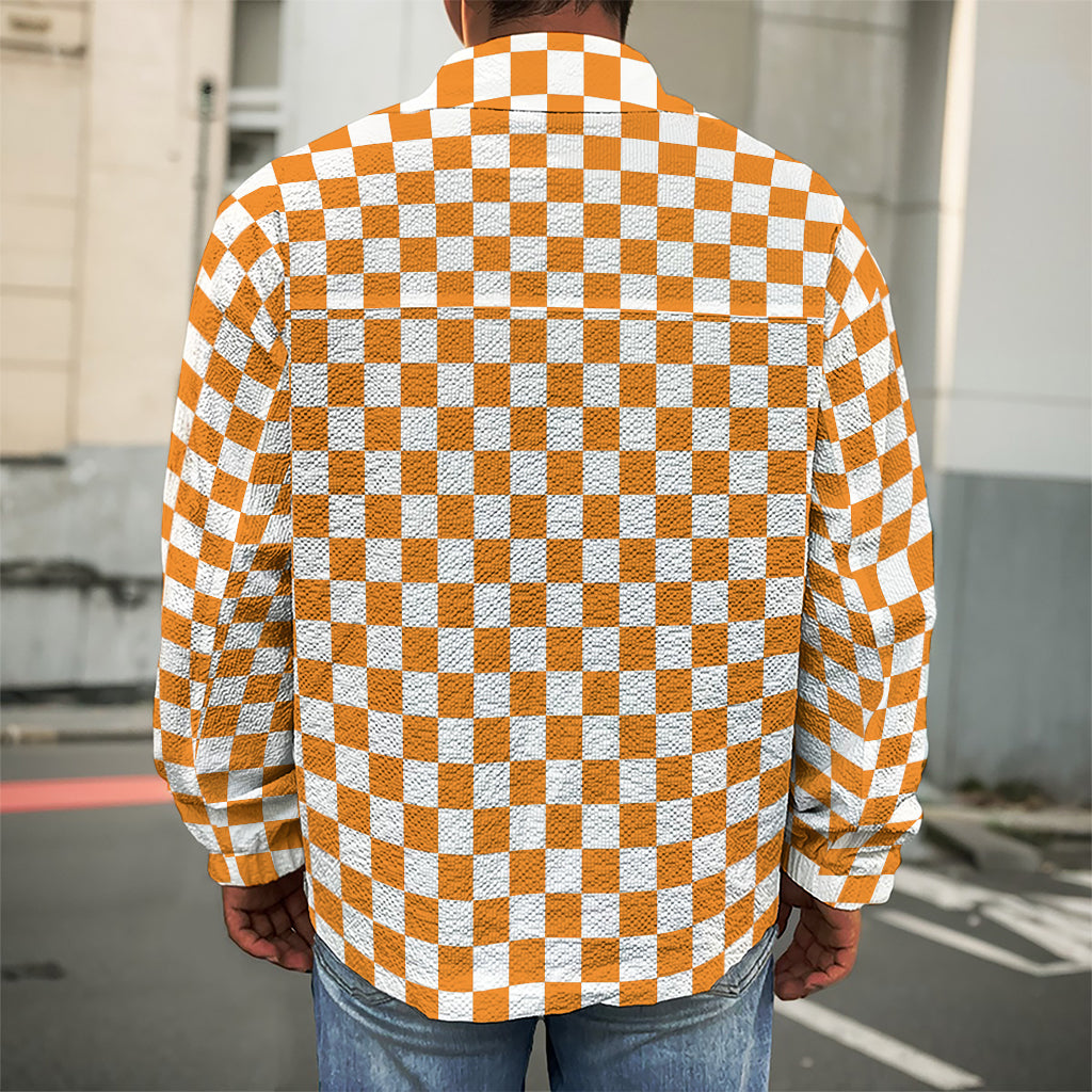 Orange And White Checkered Pattern Print Men's Shirt Jacket