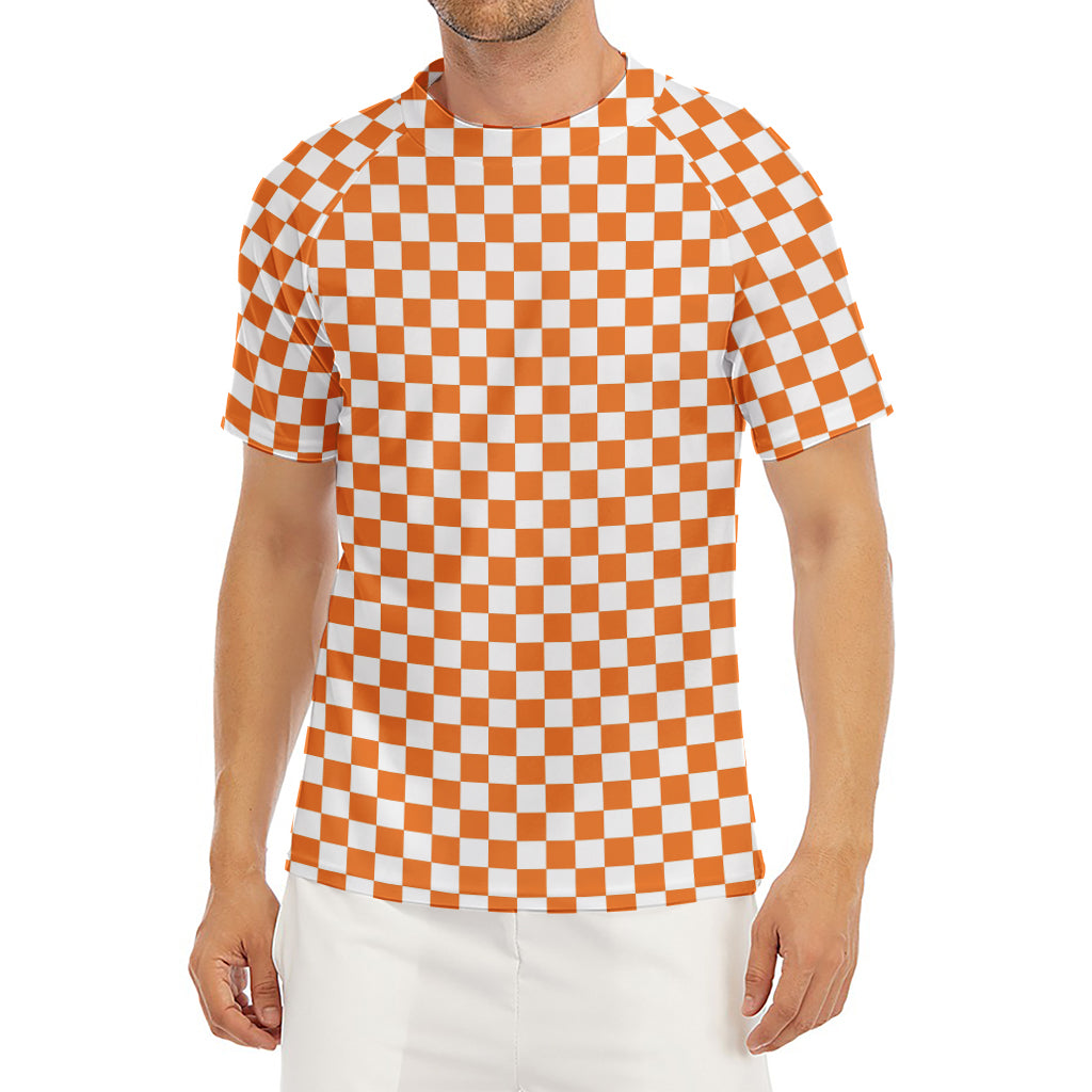 Orange And White Checkered Pattern Print Men's Short Sleeve Rash Guard