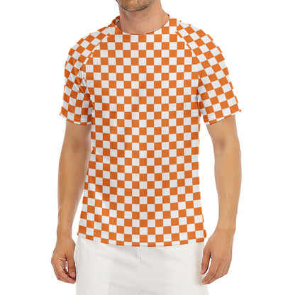 Orange And White Checkered Pattern Print Men's Short Sleeve Rash Guard