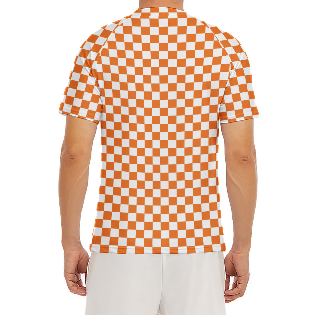 Orange And White Checkered Pattern Print Men's Short Sleeve Rash Guard