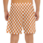 Orange And White Checkered Pattern Print Men's Split Running Shorts