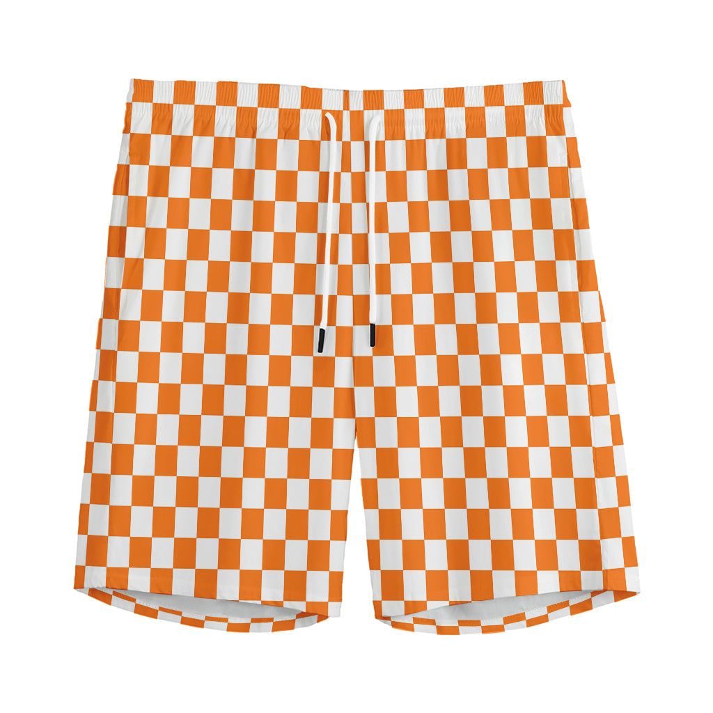 Orange And White Checkered Pattern Print Men's Sports Shorts