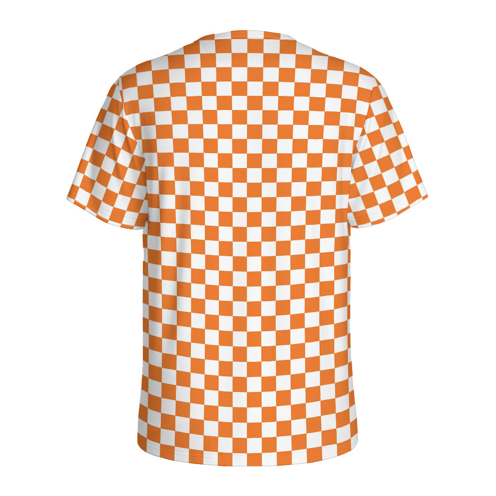 Orange And White Checkered Pattern Print Men's Sports T-Shirt