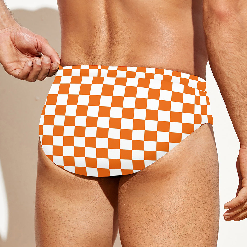 Orange And White Checkered Pattern Print Men's Swim Briefs