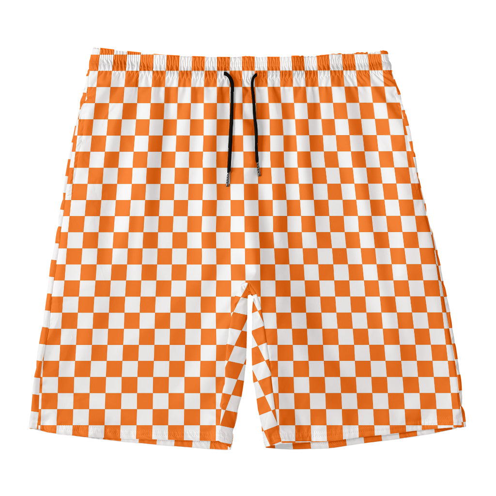 Orange And White Checkered Pattern Print Men's Swim Trunks