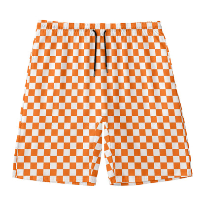Orange And White Checkered Pattern Print Men's Swim Trunks
