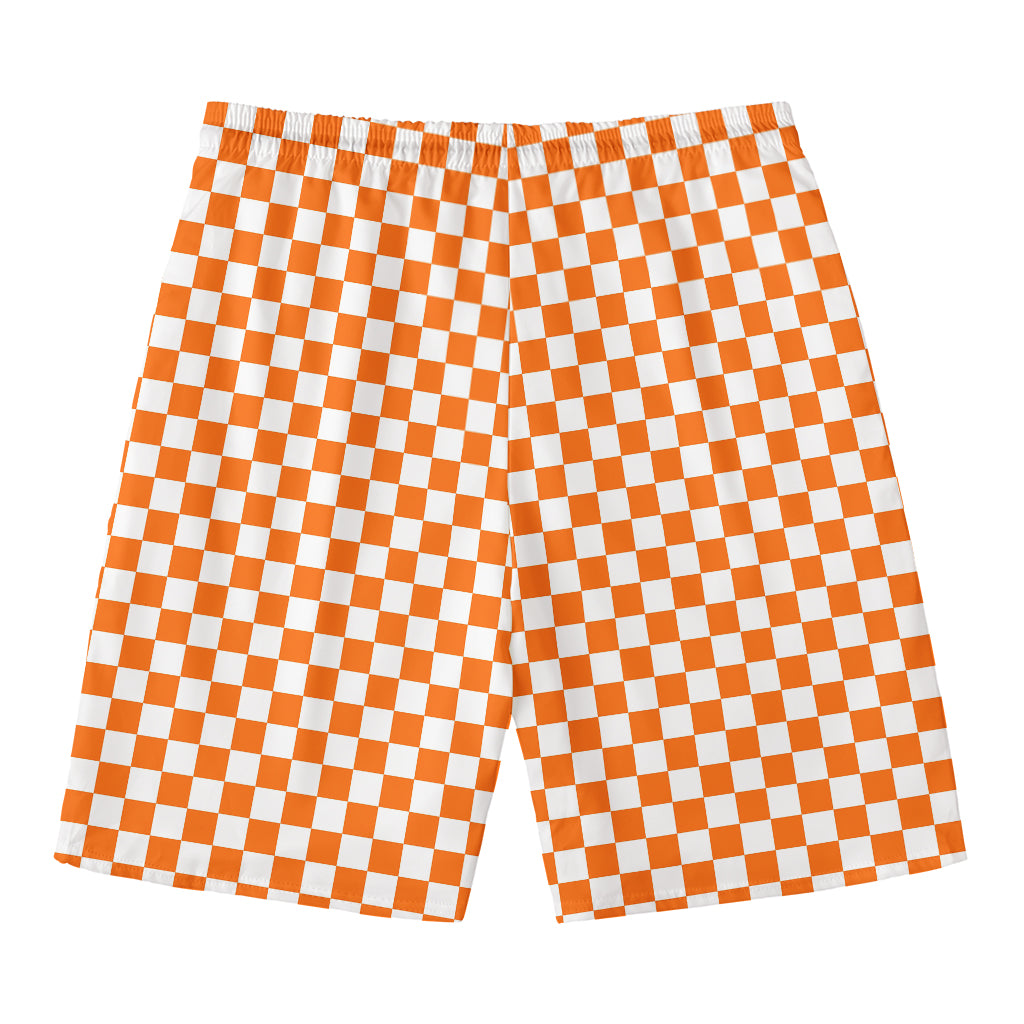 Orange And White Checkered Pattern Print Men's Swim Trunks