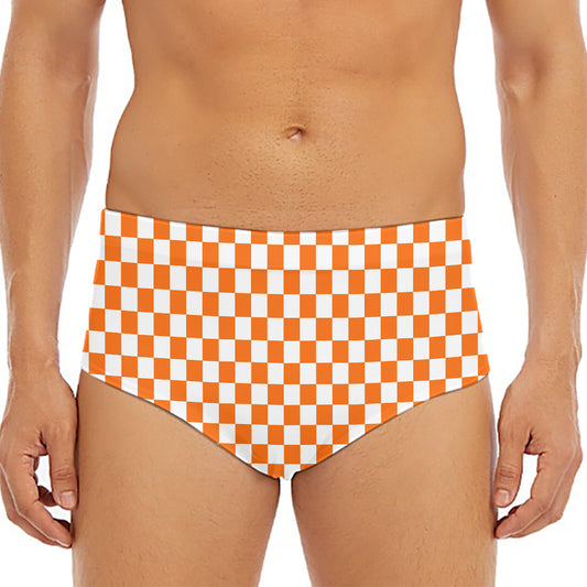 Orange And White Checkered Pattern Print Men's Triangle Swim Briefs