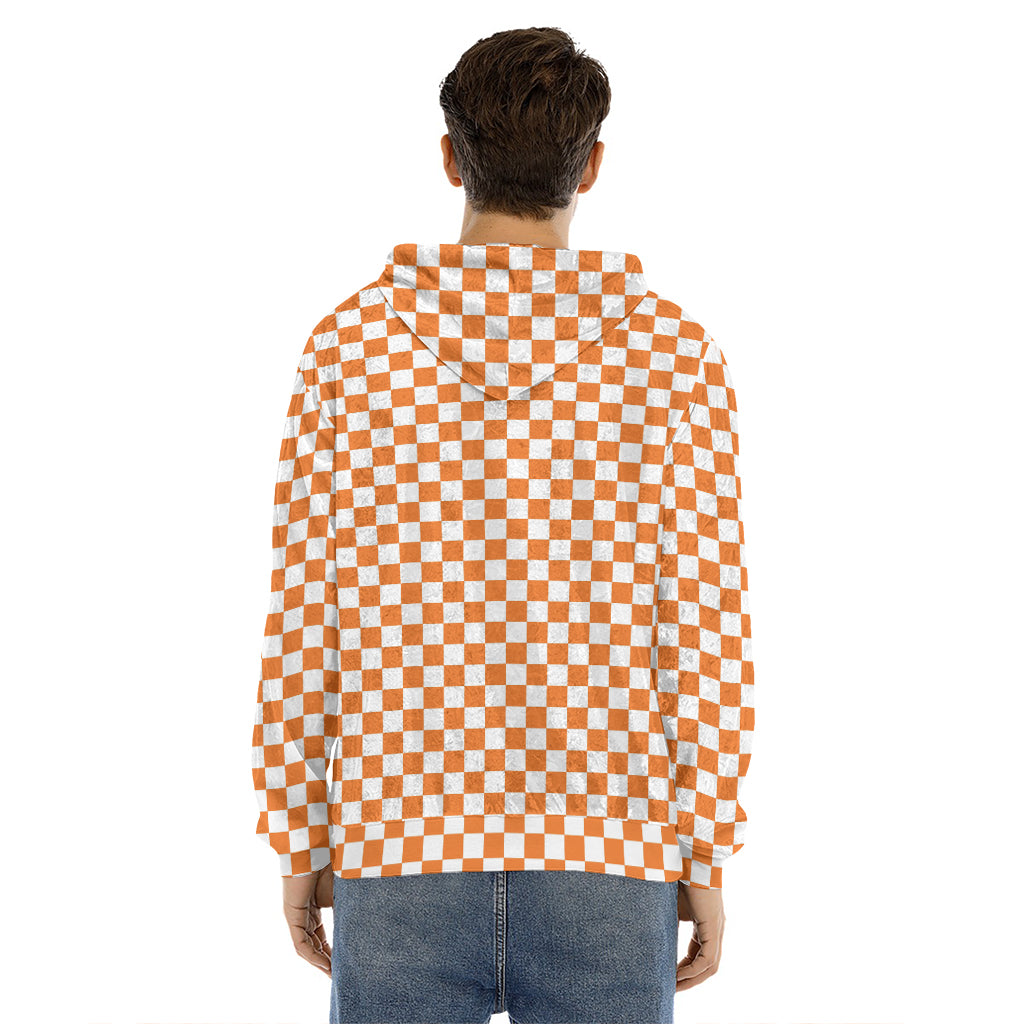 Orange And White Checkered Pattern Print Men's Velvet Pullover Hoodie
